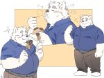 2024 anthro belly big_belly blush bottomwear canid canine canis clothing domestic_dog eating eyes_closed food hi_res inunoshippo kemono male mammal overweight overweight_male pants shirt simple_background solo topwear