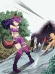  1girl animal_ears boots breasts bridal_garter commentary_request detached_sleeves fujiwara_zakuro highres knee_boots long_hair magical_girl mew_zakuro midriff official_style pink_ribbon puffy_detached_sleeves puffy_sleeves purple_footwear purple_hair ribbon solo tail takako_(takako25252525) tokyo_mew_mew tokyo_mew_mew_new very_long_hair wolf_ears wolf_girl wolf_tail 
