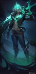  1boy abs absurdres black_footwear black_gloves black_jacket black_pants black_sclera boots colored_sclera cropped_jacket gloves green_eyes grey_hair highres holding holding_sword holding_weapon jacket knee_boots league_of_legends long_hair looking_at_viewer male_focus navel open_clothes open_jacket pants qqquain ruined_(league_of_legends) solo sword viego_(league_of_legends) weapon 
