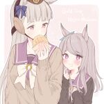  2girls absurdres animal_ears aqua_ribbon black_sweater blunt_bangs blush bow bowtie bread character_name collarbone drooling ear_bow eating finger_to_own_chin food gold_ship_(umamusume) grey_hair height_difference highres holding horse_ears horse_girl long_hair long_sleeves looking_at_another mejiro_mcqueen_(umamusume) melon_bread multiple_girls pillbox_hat purple_bow purple_eyes purple_hair ribbon school_uniform shirt sweater tetora_(oudonoishiize) tracen_school_uniform umamusume 