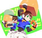  1girl aile bodystocking box box_on_head bracelet brown_hair carrying child drink drinking drinking_straw green_eyes jewelry kon_(kin219) object_on_head open_mouth puffy_short_sleeves puffy_sleeves robot_ears rockman rockman_zx short_hair short_sleeves shorts vent white_shorts 