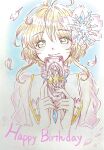  1girl absurdres antenna_hair blonde_hair blush card cardcaptor_sakura clow_card colored_pencil_(medium) dress flower green_eyes hair_flower hair_ornament happy highres holding holding_card kinomoto_sakura looking_at_viewer marumaru_maa petals pink_dress smile solo traditional_media upper_body 