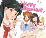  black_hair blue_shirt blunt_bangs brown_hair cake cardcaptor_sakura closed_eyes daidouji_tomoyo double_bun food green_eyes hair_bobbles hair_bun hair_ornament happy_birthday highres kero_(cardcaptor_sakura) kinomoto_sakura li_meiling ling5707 lion_cub long_hair overalls pink_shirt sailor_collar sailor_shirt shirt short_hair skirt smile twintails white_overalls white_sailor_collar white_shirt white_skirt 