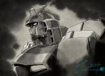 commentary_request dated from_side gundam highres looking_ahead mecha mecha_focus mobile_suit monochrome nakada_eiji no_humans portrait profile robot science_fiction signature solo v-fin v_gundam victory_gundam 
