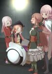  4girls abutomato blush boots braid brown_hair capelet cloak corset crop_top crying frilled_skirt frills hat highres hiiragi_nemu jacket light long_hair magia_record:_mahou_shoujo_madoka_magica_gaiden magical_girl mahou_shoujo_madoka_magica medium_hair mortarboard multiple_girls pantyhose pink_eyes pink_skirt satomi_touka shadow siblings sisters skirt slippers tamaki_iroha tamaki_ui tears track_jacket track_suit wheelchair white_cloak 