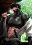  1boy abs absurdres artist_request black_hair covered_nipples cowboy_shot fushiguro_touji green_eyes highres jujutsu_kaisen large_pectorals looking_at_viewer male_focus mask mature_male midriff_peek mouth_mask muscular muscular_male navel ninja nipples off_shoulder pectorals profile scar scar_on_face scar_on_mouth shirt short_hair solo sunlight taut_clothes taut_shirt undressing 
