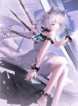 1girl :o animal_ear_fluff animal_ears arknights bare_shoulders barefoot blurry blurry_background cat_ears cat_girl cat_tail commentary_request depth_of_field dress glowing green_eyes grey_hair hand_up highres looking_at_viewer parted_lips rosmontis_(arknights) sitting solo tail white_dress yunnasu 