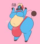 anthro belli_(swallowpancakes) belly big_belly big_breasts big_bulge bloated blue_body bottomwear bovid bovine bow_ribbon breasts bulge clothed clothing curvy_figure dangling_bulge dialogue english_text exposed_belly exposed_breasts eyelashes featureless_breasts female generation_2_pokemon gynomorph hi_res hooves horn huge_bulge hyper hyper_bulge ineffective_clothing intersex long_tail mammal miltank navel nintendo open_mouth overweight overweight_anthro overweight_female pokemon pokemon_(species) rumbling_stomach simple_background smile solo swallowpancakes tail text thick_thighs topwear voluptuous voluptuous_female wide_hips