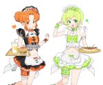  2girls :d apron bikini black_bow black_skirt bow bridal_garter brown_eyes burger colored_eyelashes commentary_request crop_top cup disposable_cup double_bun food frilled_skirt frills green_eyes green_hair hair_bun hand_up highres himitsu_no_aipri holding holding_tray idol_clothes looking_at_viewer maid maid_bikini maid_headdress mitsuba_airi multiple_girls navel open_mouth orange_hair pretty_series shinomiya_rinrin short_hair simple_background skirt smile standing summer_maid_coord swimsuit takoyaki tray unconventional_maid v_over_eye waist_apron white_apron white_background white_bow yunomikuchi 