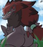 ambiguous_gender anthro biped black_body black_fur blush butt detailed_background fur generation_5_pokemon grass green_eyes grey_body grey_fur hi_res kneeling looking_back nintendo plant pokemon pokemon_(species) rear_view red_body red_fur solo svkhaiminh zoroark