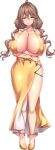  1girl arms_under_breasts bead_necklace beads boku_ga_incubus_ni_naru_tame_ni_kyou_kara_succubus_to_lesson_shimasu_2 bracelet breasts brown_hair covered_nipples dress facing_viewer full_body hair_between_eyes highres huge_breasts jewelry long_hair looking_at_viewer mature_female mole mole_under_mouth necklace non-web_source official_art photoshop_(medium) purple_eyes shiny_skin shiokonbu smile solo standing strappy_heels tachi-e transparent_background twintails yellow_dress yellow_footwear 