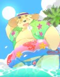 2024 anthro belly big_belly canid canine canis clothed clothing cloud domestic_dog eyes_closed eyewear ginsingoo1 hi_res kemono male mammal moobs open_clothing open_shirt open_topwear overweight overweight_male palm_tree plant shirt solo sun sunglasses swimwear topwear tree water