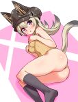  1girl :o animal_hat black_hair black_hat black_socks blush brown_leotard cat_girl cat_hat cat_tail commentary cougar_(cougar1404) covering_breasts covering_privates from_above gradient_hair grey_hair hat leotard long_hair looking_at_viewer lying multicolored_hair on_side open_mouth original purple_eyes ribbed_leotard sleeveless socks solo sweatdrop symbol-only_commentary tail turtleneck turtleneck_leotard 