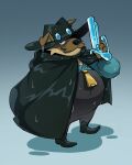 2024 alternate_species anthro black_nose breeze_in_the_clouds brown_body canid canine canis clothing coat domestic_dog hat headgear headwear hi_res male mammal overweight overweight_male racesolar rain_(breeze_in_the_clouds) raincoat simple_background solo topwear weapon wet