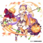  blonde_hair blue_eyes bow breasts cape company_name dmm full_body gemini_seed green_eyes hair_between_eyes hair_bow hattori_masaki high_ponytail holding holding_staff jack-o'-lantern long_hair looking_at_viewer medium_breasts mismatched_legwear official_art orange_cape orange_legwear purple_bow purple_cape purple_legwear sidelocks solo staff standing very_long_hair 