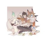  1boy brown_background brown_hair brown_shirt brown_theme child&#039;s_drawing closed_eyes closed_mouth coat collared_coat creature drawing_(object) eevee gradient_background harada_minoru highres holding holding_creature indian_style long_sleeves lycanroc lycanroc_(midday) male_focus pants paper pokemon pokemon_(creature) saibou_shinkyoku shirt short_hair simple_background sitting smeargle smile solo victini yulei_yuuuuu 