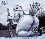 2024 anthro avian beak big_butt bird breasts butt clothing feathers female footwear genitals gun high_heels kneeling looking_back narrowed_eyes nipples non-mammal_breasts non-mammal_nipples nude outside owl pussy ranged_weapon signature sligarthetiger snow solo thick_thighs weapon white_body white_feathers