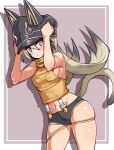  1girl adjusting_clothes adjusting_headwear animal_ears animal_hat black_hair black_hat black_shorts breasts brown_shirt cat_ears cat_girl cat_hat cat_tail closed_mouth commentary cougar_(cougar1404) cowboy_shot cropped_shirt gradient_hair grey_background grey_hair hat leaning_forward light_frown long_hair looking_at_viewer medium_breasts micro_shorts multicolored_hair navel original ribbed_shirt shadow shirt shorts sleeveless sleeveless_shirt solo standing suspenders tail thigh_strap turtleneck yellow_eyes 