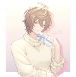  1boy 2024 absurdres ahoge artist_name blush box commentary_request dated drop_shadow gift gift_box gradient_background granblue_fantasy hair_between_eyes heart highres holding holding_gift icetear looking_to_the_side male_focus messy_hair red_eyes ribbed_sweater sandalphon_(granblue_fantasy) short_hair signature solo sweater turtleneck turtleneck_sweater twitter_username upper_body valentine white_sweater 