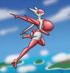 4_fingers anthro areola big_breasts blue_areola blue_nipples breasts butt chameloshi clothing curvy_figure female fingers flying footwear generation_3_pokemon hi_res high_heels hourglass_figure huge_breasts latias legendary_pokemon looking_at_viewer nintendo nipples nude pokemon pokemon_(species) solo