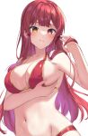 1girl absurdres bikini blush breasts cleavage hand_on_own_chest heterochromia highres hololive houshou_marine houshou_marine_(summer) large_breasts long_hair looking_at_viewer navel official_alternate_costume pendora1022 red_bikini red_eyes red_hair solo swimsuit virtual_youtuber white_background yellow_eyes 