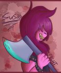  ambiguous_gender axe battle_weapon blood deltarune female goatboyalex hair lizard melee_weapon messy_hair pink_hair pink_skin red_background reptile scalie simple_background spikes susie_(deltarune) undertale video_games weapon yellow_teeth 