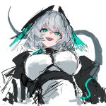  1girl absurdres aqua_eyes arknights between_breasts black_coat breasts coat dress head_wings highres ho&#039;olheyak_(arknights) long_tail looking_at_viewer open_mouth simple_background smile snake_tail solo tail teeth upper_body upper_teeth_only w4_avn white_background white_dress white_hair wings 