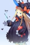  1girl abigail_williams_(fate) black_bow black_dress black_hat blonde_hair bloomers blue_eyes blush bow breasts bug butterfly dress echo_(circa) fate/grand_order fate_(series) forehead hair_bow hat key long_hair long_sleeves looking_at_viewer orange_bow parted_bangs ribbed_dress sleeves_past_fingers sleeves_past_wrists small_breasts solo stuffed_animal stuffed_toy teddy_bear white_bloomers witch_hat 