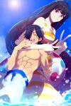  1boy 1girl bare_shoulders black_hair blue_sky breasts closed_eyes echo_(circa) fate/grand_order fate_(series) grin hair_over_one_eye innertube koha-ace long_hair looking_at_viewer medium_breasts one-piece_swimsuit open_mouth oryou_(fate) red_eyes sakamoto_ryouma_(fate) shorts sky smile striped_clothes striped_one-piece_swimsuit swim_ring swimsuit very_long_hair white_shorts yellow_one-piece_swimsuit 
