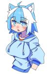  1girl ahoge animal_ears blue_eyes blue_hair blue_hoodie breasts cannsk cat_ears commentary cropped_arms cropped_torso hashtag-only_commentary hood hoodie indie_virtual_youtuber large_breasts multicolored_hair open_mouth solo tsuraragi_toa two-tone_hair virtual_youtuber white_hair 
