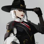  ashe_(overwatch) asymmetrical_hair black_gloves breasts cowboy_hat darwh earrings eyeliner gloves grey_background hat hat_tip jewelry lipstick looking_at_viewer makeup medium_breasts mole_above_mouth navel overwatch red_eyes signature single_pauldron sleeves_pushed_up solo vest white_hair 