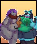 absurd_res balls belly breast_squish breasts candy caramel_(food) clothing dessert duo food generation_4_pokemon generation_5_pokemon genitals hi_res honey_(food) hoodie intersex lucario nintendo overweight penis pokemon pokemon_(species) smallpenis squish syrup topwear zor_(nya4) zoroark