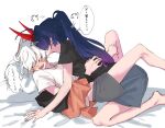  2girls barefoot between_legs black_shirt chinese_commentary closed_eyes commentary_request grey_shorts highres honkai_(series) honkai_impact_3rd horns kiana_kaslana laughing long_hair mixed-language_commentary moonsun77773 multiple_girls on_bed open_mouth pillow ponytail purple_hair raiden_mei raiden_mei_(herrscher_of_thunder) shirt short_sleeves shorts simple_background smile speech_bubble translation_request white_background white_hair white_shirt yuri 