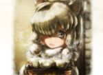  alpaca_ears alpaca_suri_(kemono_friends) animal_ears bangs blonde_hair blue_eyes commentary_request cup eyebrows_visible_through_hair fur_scarf hair_over_one_eye hands_up head_tilt highres holding holding_tray horizontal_pupils kemono_friends looking_at_viewer medium_hair open_mouth scarf smile solo stealstitaniums steam teacup tray upper_body 