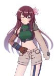  absurdres brown_eyes brown_gloves brown_hair clawed_gauntlets cosplay cowboy_shot crop_top cropped_sweater final_fantasy final_fantasy_vii fishnet_armwear gloves green_sweater hair_ornament hand_on_own_hip highres kantai_collection kisaragi_(kancolle) konato_k long_hair name_connection navel one-hour_drawing_challenge one_eye_closed open_fly shorts simple_background sleeveless sleeveless_turtleneck sweater turtleneck white_background white_shorts yuffie_kisaragi yuffie_kisaragi_(cosplay) 