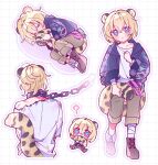  1boy aged_down animal_ears aventurine_(honkai:_star_rail) bandaged_arm bandaged_leg bandages blonde_hair chain hair_between_eyes highres honkai:_star_rail honkai_(series) hood hoodie male_focus multicolored_eyes multiple_views shirt short_hair tail torn_clothes urouroshiro white_shirt 