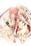  2girls bare_shoulders blue_eyes blush bra breasts dress echo_(circa) elbow_gloves fate/grand_order fate_(series) gloves long_hair looking_at_viewer looking_to_the_side marie_antoinette_(fate) medb_(fate) medium_breasts miniskirt multiple_girls one_eye_closed open_mouth pink_hair short_dress sidelocks skirt sleeveless sleeveless_dress smile thighhighs thighs twintails underwear v very_long_hair white_bra white_dress white_gloves white_hair white_skirt white_thighhighs yellow_eyes 