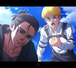  2boys armin_arlert black_border blonde_hair blue_eyes blue_sky border brown_hair clenched_hand eren_yeager face_punch furrowed_brow green_eyes grey_jacket highres in_the_face injury jacket letterboxed long_sleeves looking_at_another male_focus multiple_boys noinoichebura open_mouth outdoors punching shingeki_no_kyojin shirt short_hair shouting sky thick_eyebrows three-dimensional_maneuver_gear updo upper_body white_shirt 