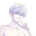  1boy aqua_eyes grin harang looking_away male_focus momota_(kinrara) silver_hair simple_background smile talesrunner teeth topless upper_body white_background 