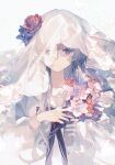  1girl arcaea bouquet bow bridal_veil closed_mouth dress expressionless flower grey_hair hair_flower hair_ornament hair_over_shoulder highres hikari_(arcaea) holding holding_bouquet holding_flower lobelia_(saclia) long_hair long_sleeves looking_at_viewer puffy_long_sleeves puffy_sleeves red_eyes red_flower red_rose rose shirt simple_background solo straight-on upper_body veil white_background white_dress white_flower white_shirt 
