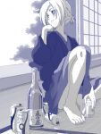  1girl alcohol bad_drawr_id bad_id bare_legs barefoot beer_can blue_kimono blue_theme bottle can character_request copyright_request cup drink_can feet head_rest japanese_clothes kimono monochrome oekaki purple_theme segawa_haruna short_hair shouji sitting sliding_doors smile solo tatami toes 