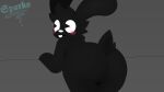absurd_res anthro big_butt blush buckteeth butt dark_body dark_fur digital_media_(artwork) fluffy fur hi_res lagomorph leporid lineless looking_at_viewer looking_back male mammal open_mouth presenting presenting_hindquarters rabbit rabbit_ears raised_tail rear_view scut_tail short_tail simple_background solo sparkothefailure standing tail teeth thick_thighs toony
