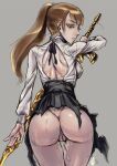  ass backless_shirt black_skirt blunt_bangs breasts brown_hair cleft_of_venus closed_mouth colored_eyelashes covered_nipples cowboy_shot grey_eyes high_ponytail holding holding_sword holding_weapon long_hair long_sleeves looking_to_the_side medium_breasts musen-shiki_sanhankikan original ornate_weapon pussy pussy_juice shirt simple_background skirt sweat sword torn_clothes torn_skirt uncensored weapon white_shirt 