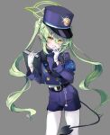  1girl absurdres belt black_belt black_hat black_jacket black_shorts black_tail blue_archive blush buttons cowboy_shot demon_tail double-breasted g1_(user_tjwy5444) gloves green_hair green_halo grey_background grin hair_between_eyes halo hat highlander_twintails_conductor_(blue_archive) highres jacket long_hair long_sleeves looking_at_viewer pantyhose peaked_cap pointy_ears shorts simple_background smile solo tail twintails white_gloves white_pantyhose yellow_eyes 