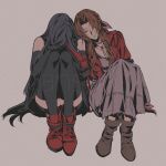  2girls aerith_gainsborough bare_shoulders black_gloves black_hair black_shorts black_skirt black_thighhighs boots brown_footwear brown_hair choker dress elbow_gloves elbow_pads final_fantasy final_fantasy_vii final_fantasy_vii_rebirth final_fantasy_vii_remake flower_choker full_body gloves grey_background hair_over_face hair_ribbon highres jacket leaning_on_person long_dress long_hair multiple_girls parted_bangs pink_dress pink_ribbon red_footwear red_jacket ribbon roku_(gansuns) sad shorts sidelocks single_elbow_pad sitting skirt thighhighs tifa_lockhart twitter_username wavy_hair 