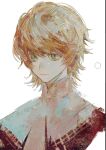  1boy blonde_hair child closed_mouth collar final_fantasy final_fantasy_xvi green_eyes hair_between_eyes joshua_rosfield looking_to_the_side male_focus messy_hair portrait red_shirt shirt short_hair sketch skraksff solo upper_body white_background white_collar 