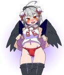  1girl ahoge ass_visible_through_thighs black_hair black_wings blush breasts brown_jacket cannsk clothes_pull commentary_request cowboy_shot fundoshi gradient_hair grey_hair hair_ornament indie_virtual_youtuber jacket japanese_clothes medium_breasts mole mole_under_eye multicolored_hair navel open_mouth panties pants pants_pull pom_pom_(clothes) pom_pom_hair_ornament red_fundoshi red_panties sailor_collar sailor_shirt shirt smile solo underwear virtual_youtuber white_sailor_collar wings yamada_konoha 