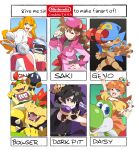  3girls black_hair black_undershirt blue_eyes blue_hat bob-omb bowser bowser_jr. bracelet brown_hair character_name character_request crown dark_pit earrings father_and_son geno_(mario) gloves helmet highres jewelry kid_icarus kid_icarus_uprising laurel_crown looking_at_viewer mario_(series) mini_crown mona_(warioware) multiple_drawing_challenge multiple_girls one_eye_closed orange_hair princess_daisy puffy_short_sleeves puffy_sleeves rakugaki_shiro red_eyes red_hair short_sleeves six_fanarts_challenge spiked_bracelet spikes super_mario_rpg warioware white_gloves yoshi 