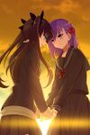  2girls black_sailor_collar black_serafuku black_shirt black_skirt blush breasts brown_hair crying echo_(circa) fate/stay_night fate_(series) green_eyes hair_ribbon holding_hands long_hair long_sleeves matou_sakura multiple_girls open_mouth orange_sky purple_eyes purple_hair ribbon sailor_collar school_uniform serafuku shirt siblings sisters skirt sky smile sunset tears tohsaka_rin twilight two_side_up 