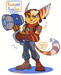 2024 anthro assassyart belt blue_eyes boots clothing cybernetic_arm cybernetic_limb footwear fur fusion gloves green_eyes hammer handwear headgear headwear heterochromia hi_res lombax looking_at_viewer male mammal ratchet ratchet_and_clank rivet_(ratchet_and_clank) scarf smile solo sony_corporation sony_interactive_entertainment striped_body striped_fur stripes tools yellow_body yellow_fur